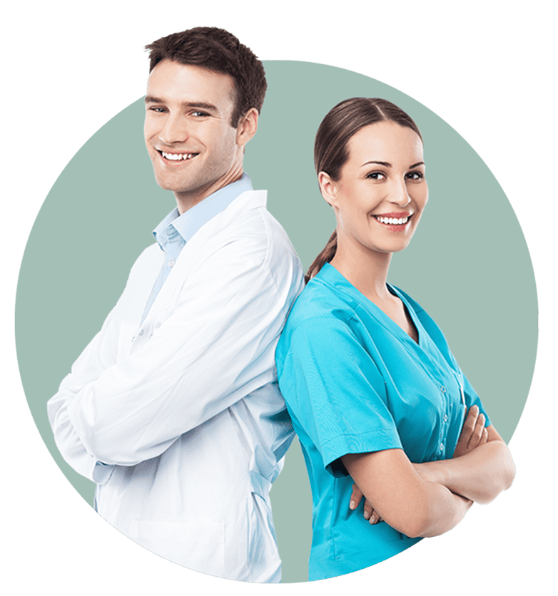 Healthy smiling dentists in white coat and blue scrubs representing expert dental care at International Dental Care.
